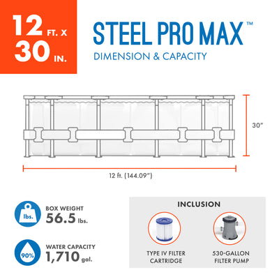 Bestway Steel Pro MAX 12ft by 30 Inch Above Ground Swimming Pool,Gray(For Parts)