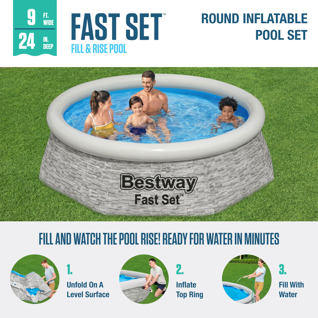 Bestway 8' x 24" Round Inflatable Outdoor Swimming Pool with Filter Pump, Gray