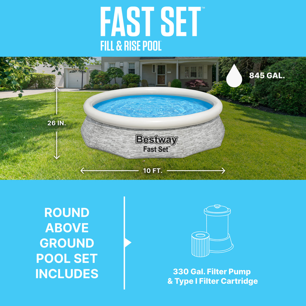 Bestway Fast Set 10' x 26" Stacked Stone Inflatable Swimming Pool Set(For Parts)