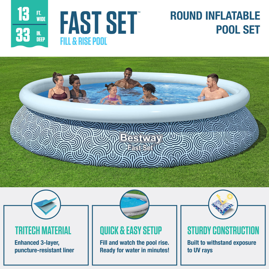 Bestway Fast Set 13' x 33" Round Inflatable Swimming Pool Set, Rattan Print