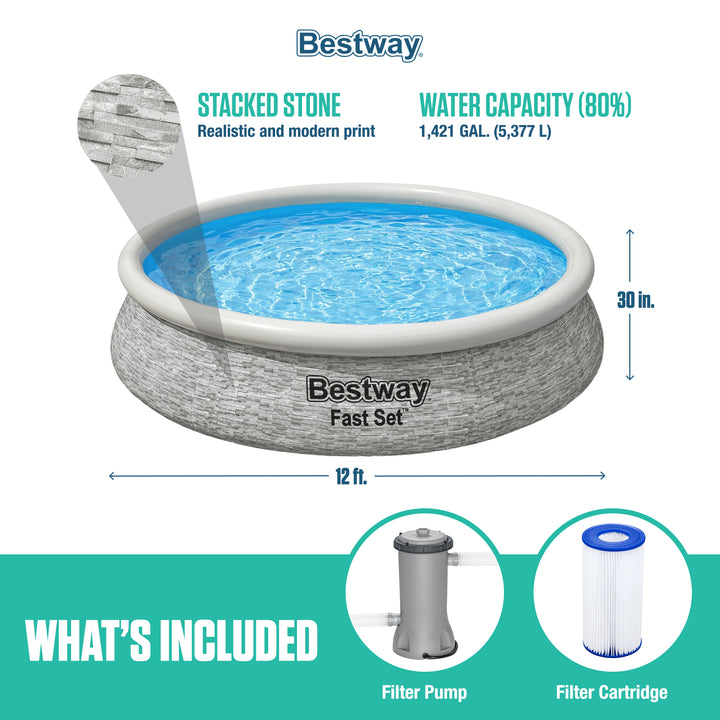 Bestway Fast Set 12' x 30" Inflatable Stacked Stone Swimming Pool Set (Used)