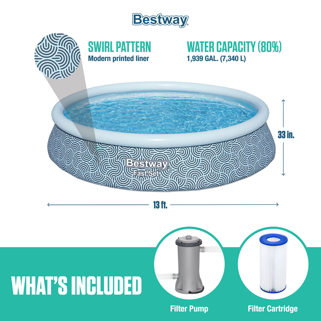 Bestway Fast Set 13' x 33" Round Inflatable Swimming Pool Set, Rattan Print