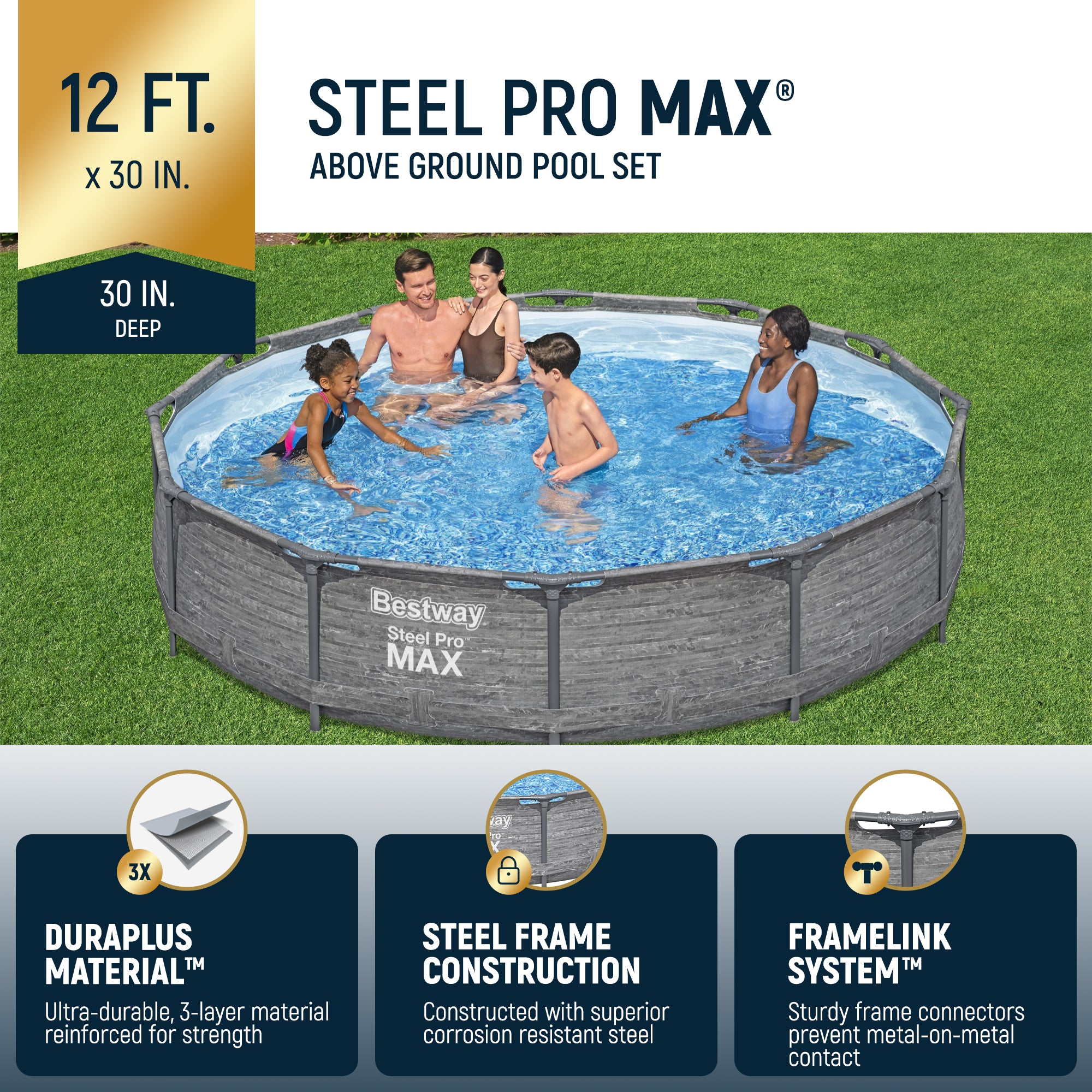 Bestway Steel Pro MAX 12'x30" Above Ground Outdoor Swimming Pool Set, Gray(Used)