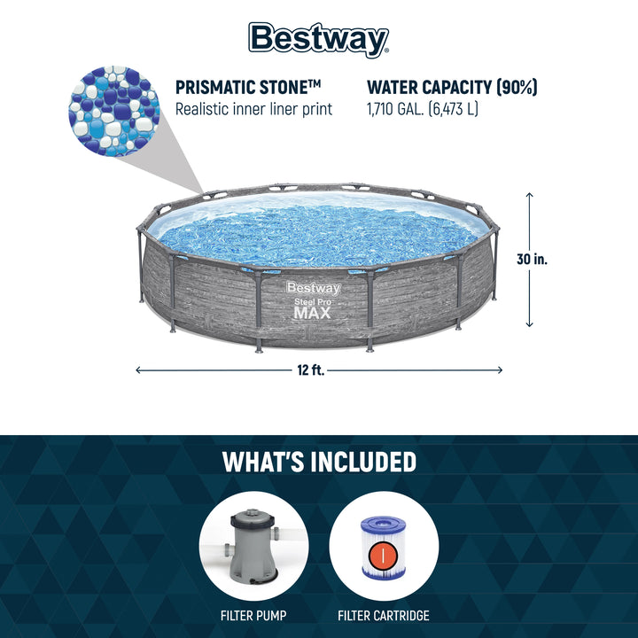 Bestway Steel Pro MAX 12'x30" Above Ground Outdoor Swimming Pool Set, Gray(Used) - VMInnovations