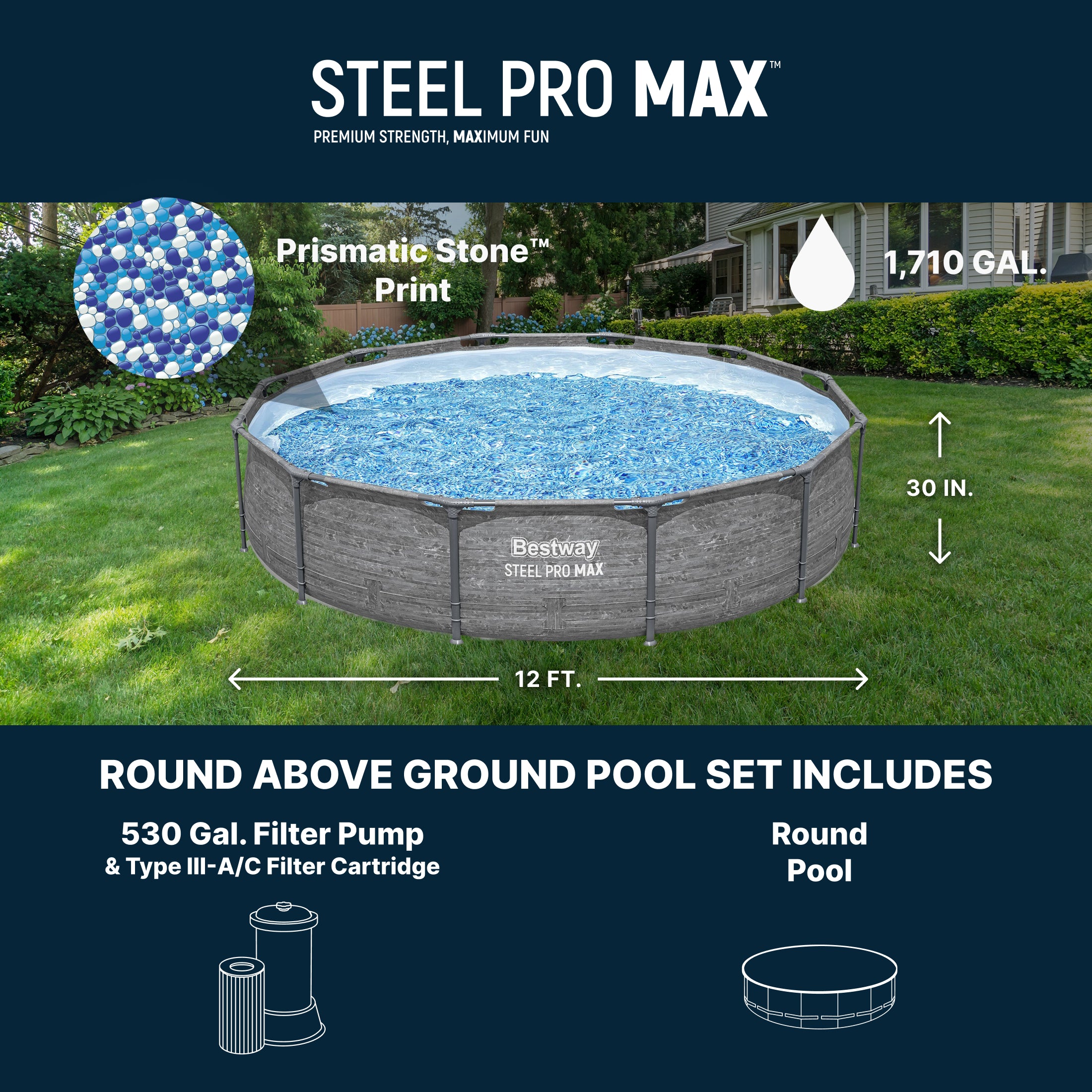 Bestway Steel Pro MAX 12' x 30" Above Ground Outdoor Swimming Pool Set, Gray - VMInnovations