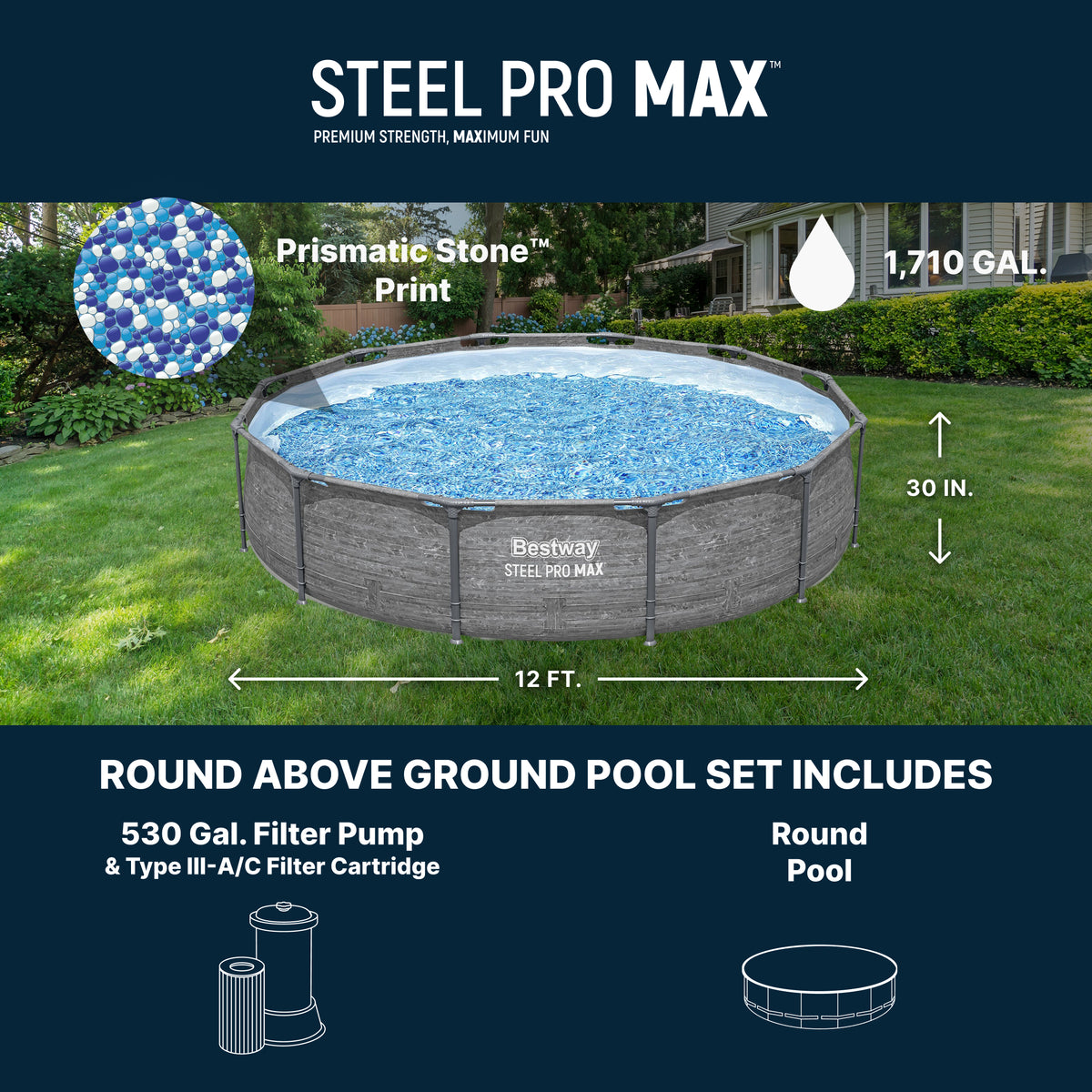 Bestway Steel Pro MAX 12' x 30" Above Ground Swimming Pool Set, Gray (Open Box)