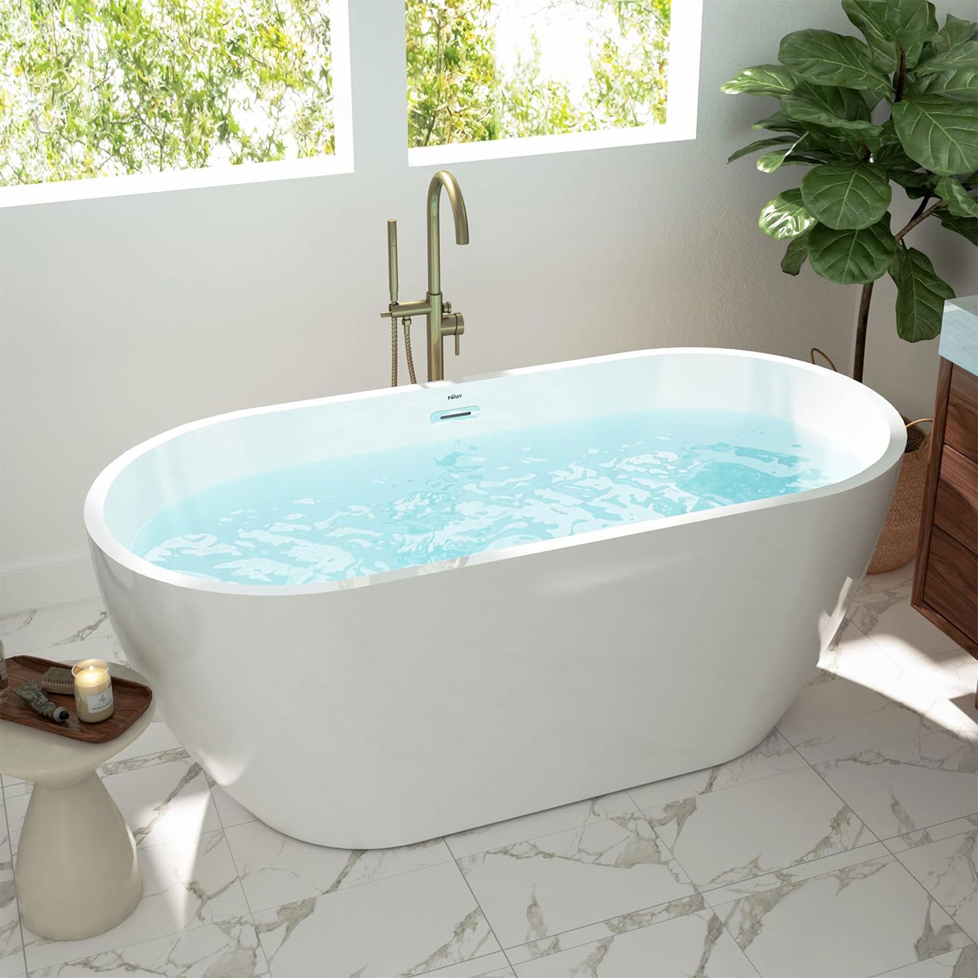 FerdY Bali 59 In Glossy Acrylic Bathtub w/Polished Chrome Drain (Open Box) - VMInnovations
