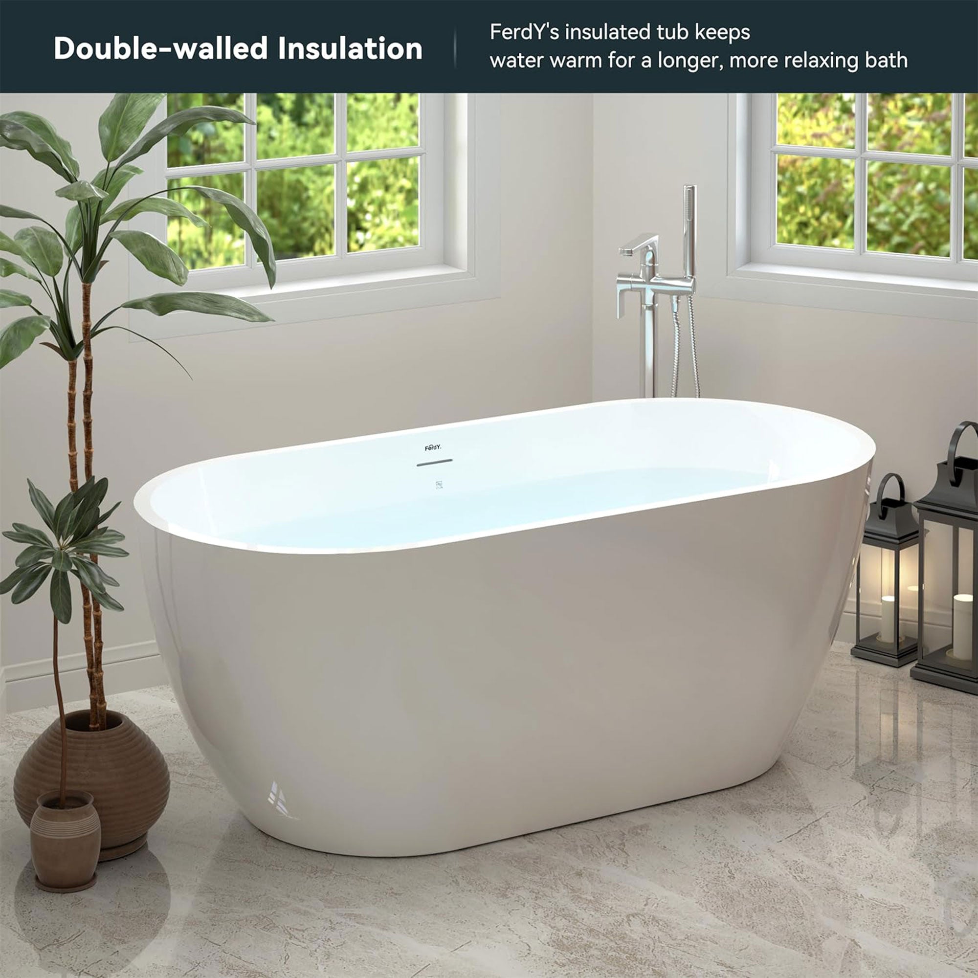 FerdY Bali 59"Glossy Acrylic Freestanding Bathtub w/Brushed Nickel Drain (Used) - VMInnovations