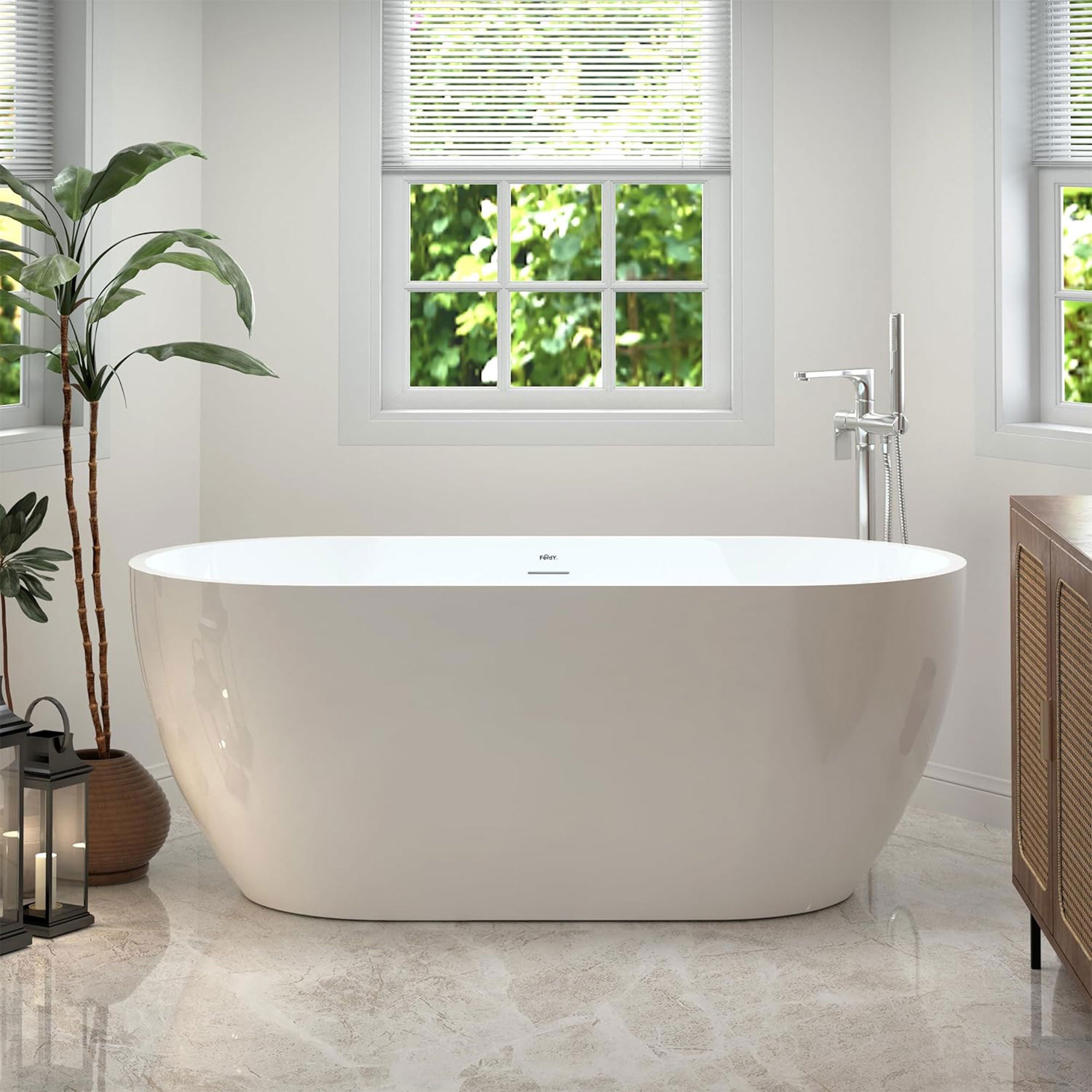 FerdY Bali 59"Glossy Acrylic Freestanding Bathtub w/Brushed Nickel Drain (Used) - VMInnovations