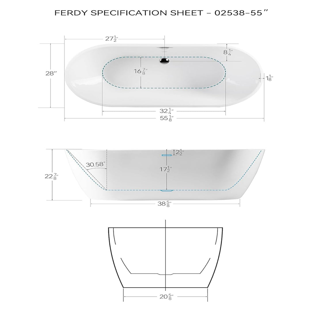 FerdY Bali 55 In Glossy Acrylic Freestanding Bathtub with Polished Chrome Drain