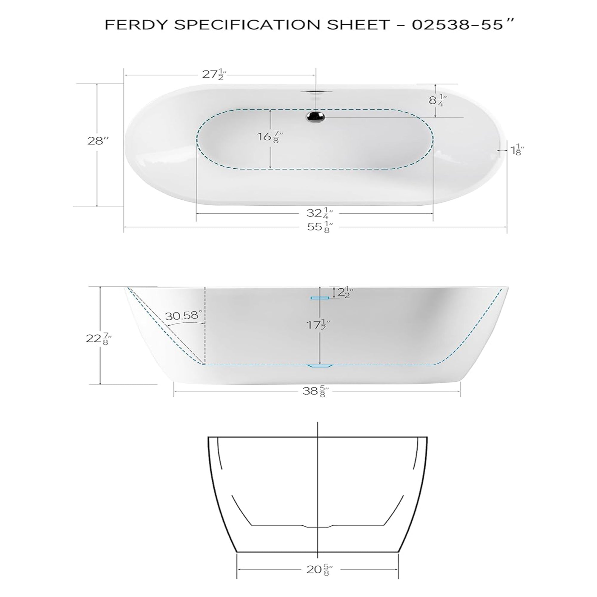 FerdY Bali 55"Glossy Freestanding Bathtub w/Polished Chrome Drain (Open Box) - VMInnovations