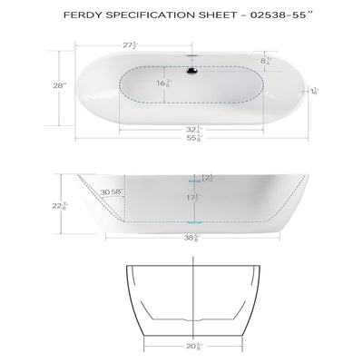 FerdY Bali 55"Glossy Freestanding Bathtub w/Polished Chrome Drain (Open Box) - VMInnovations
