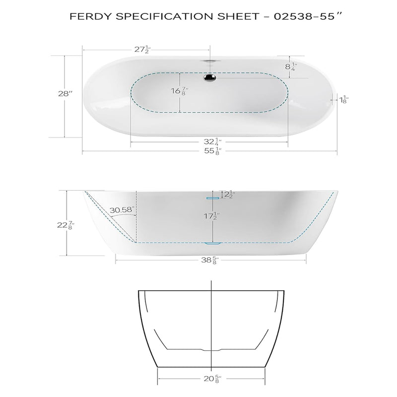 FerdY Bali 55 In Glossy Acrylic Freestanding Bathtub with Polished Chrome Drain