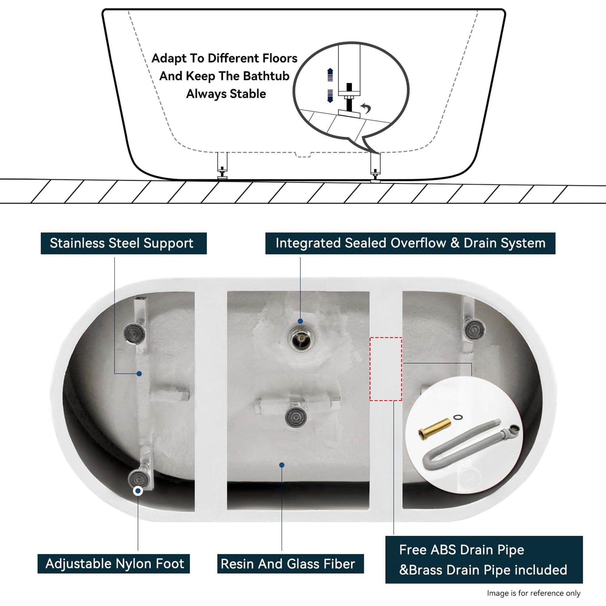 FerdY Bali 55"Glossy Freestanding Bathtub w/Polished Chrome Drain (Open Box) - VMInnovations