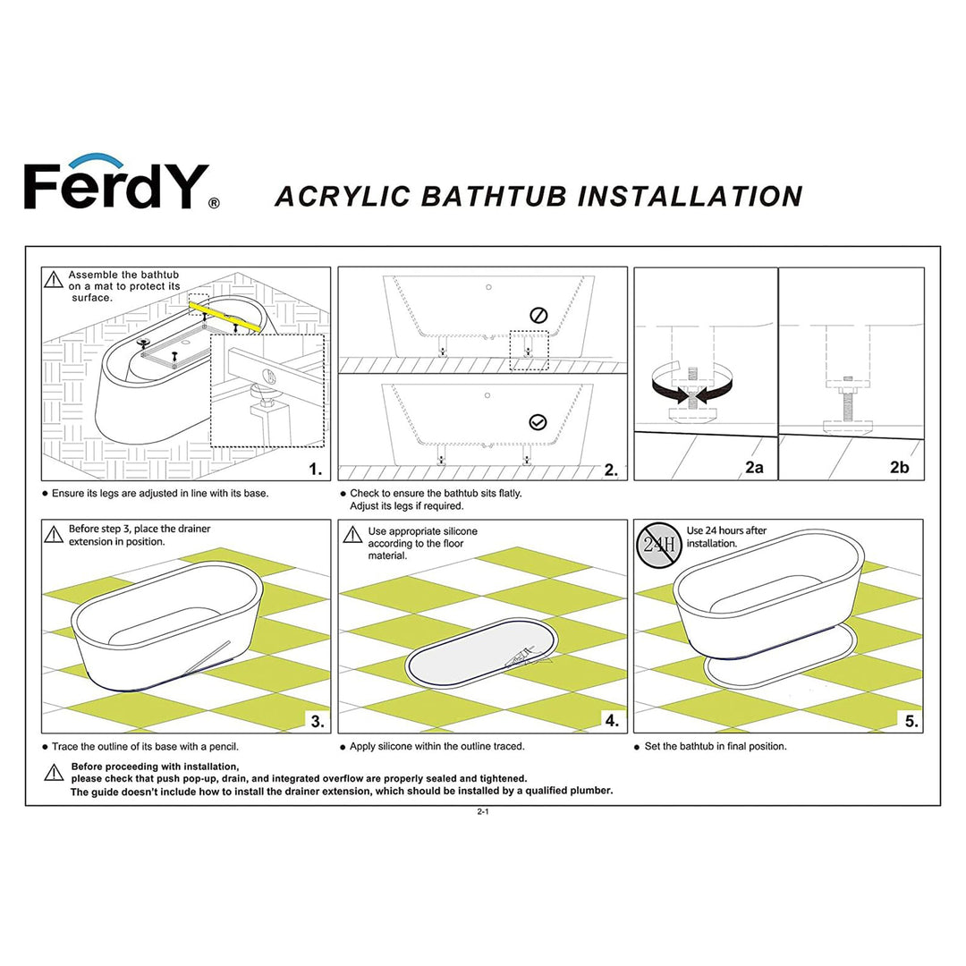 FerdY Bali 55 In Glossy Acrylic Freestanding Bathtub with Polished Chrome Drain