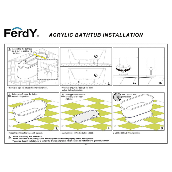 FerdY Bali 55 In Glossy Acrylic Freestanding Bathtub with Polished Chrome Drain