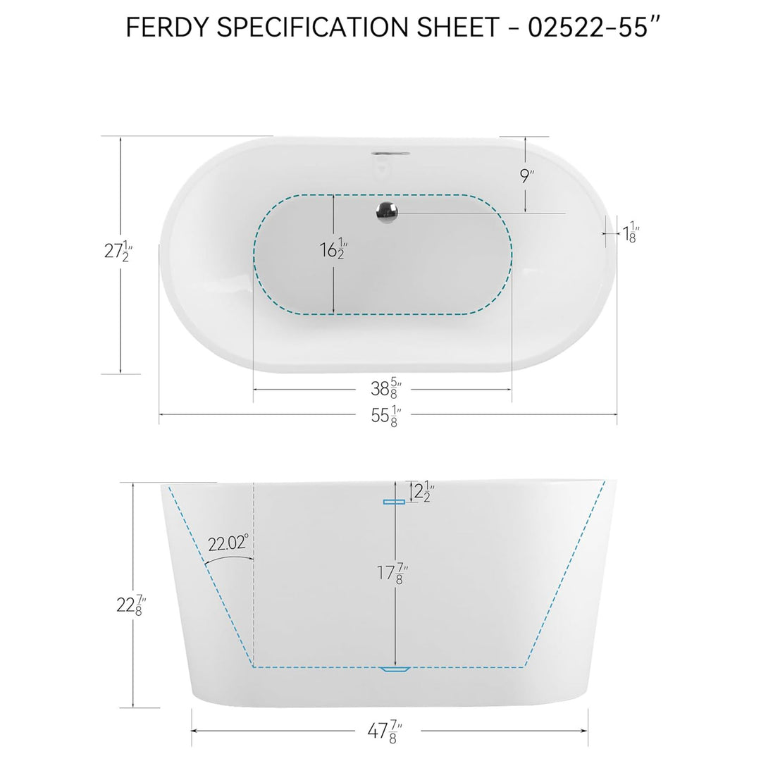 FerdY Shangri La 55 Inch Acrylic Freestanding Bathtub with Polished Chrome Drain