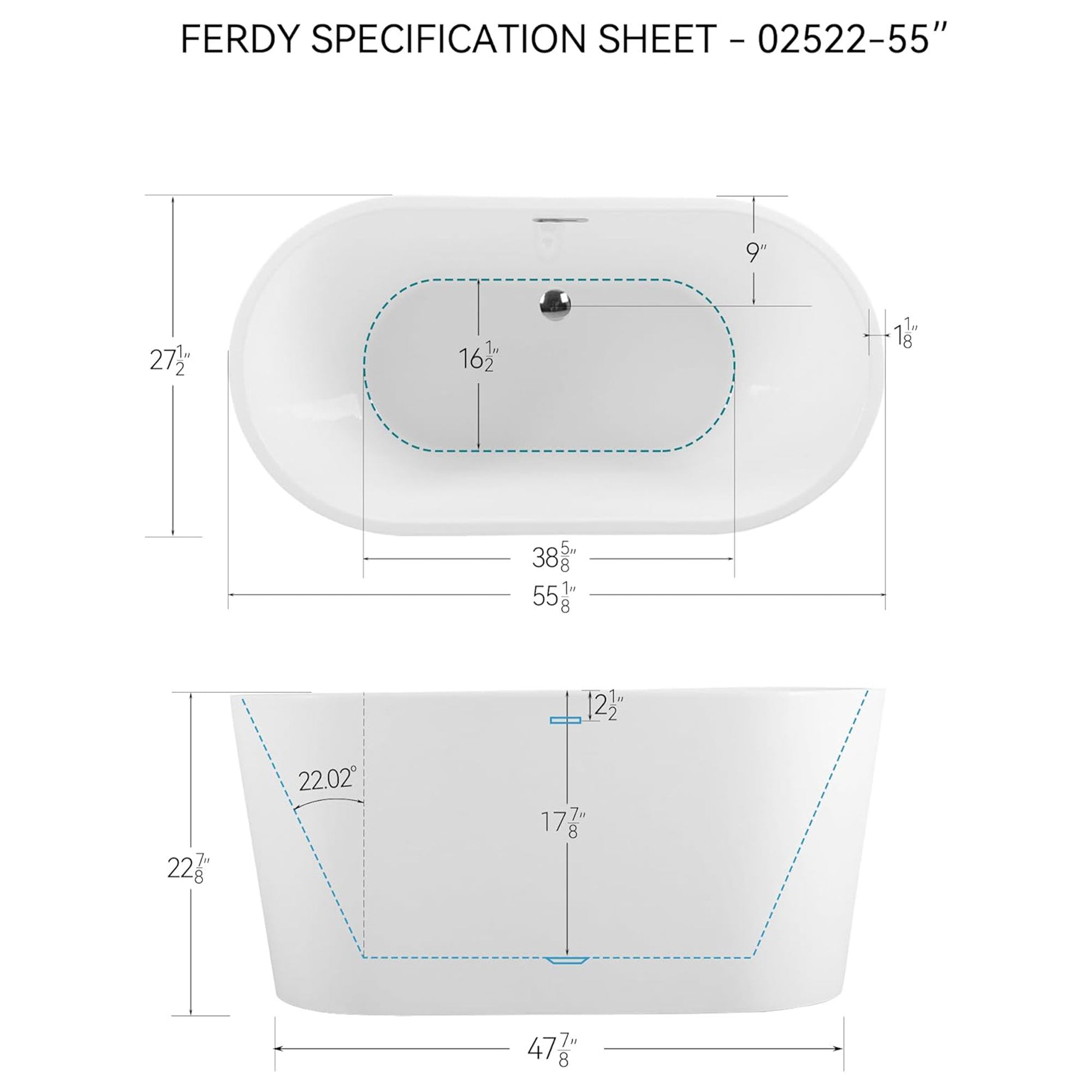 FerdY Shangri La 55 Inch Acrylic Freestanding Bathtub with Polished Chrome Drain - VMInnovations