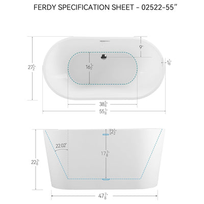 FerdY Shangri La 55 Inch Acrylic Freestanding Bathtub with Polished Chrome Drain - VMInnovations
