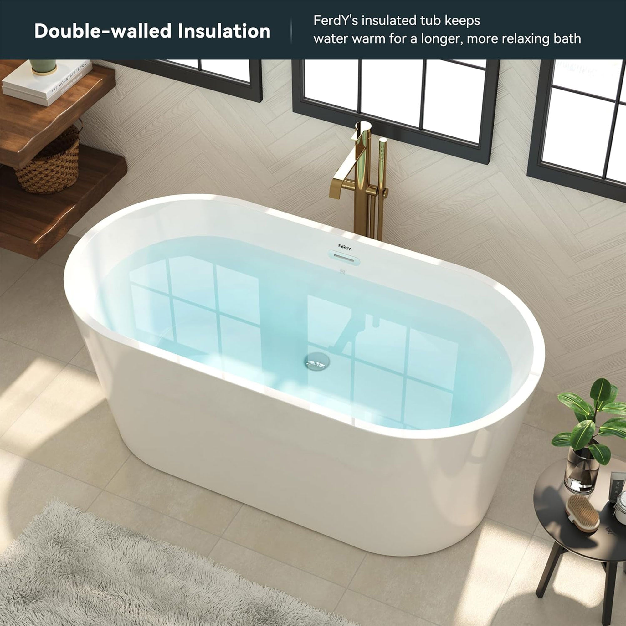 FerdY Shangri La 55" Acrylic Freestanding Bathtub with Chrome Drain (Open Box) - VMInnovations
