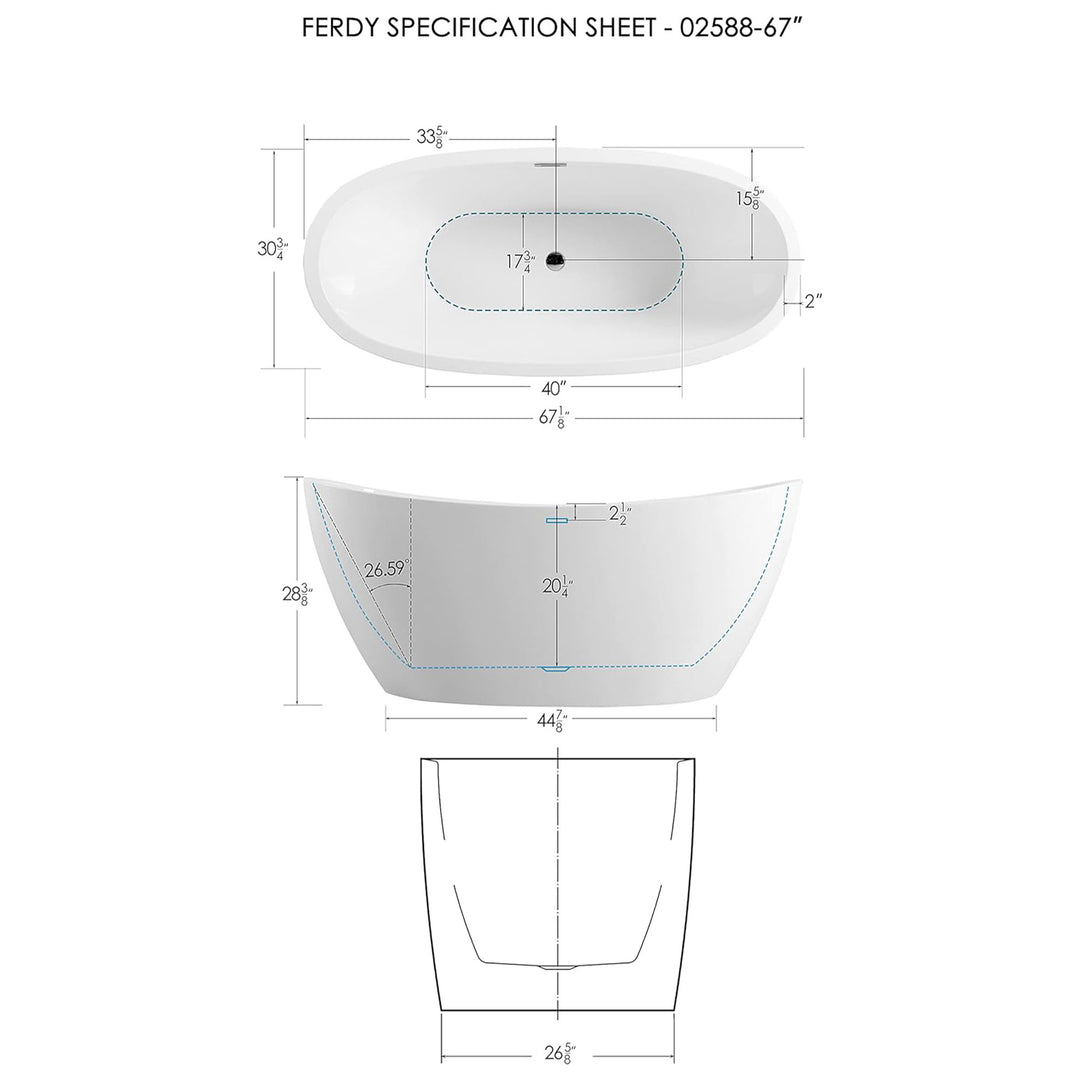 FerdY Bali 67 In Glossy Acrylic Bathtub w/Polished Chrome Drain (Open Box)