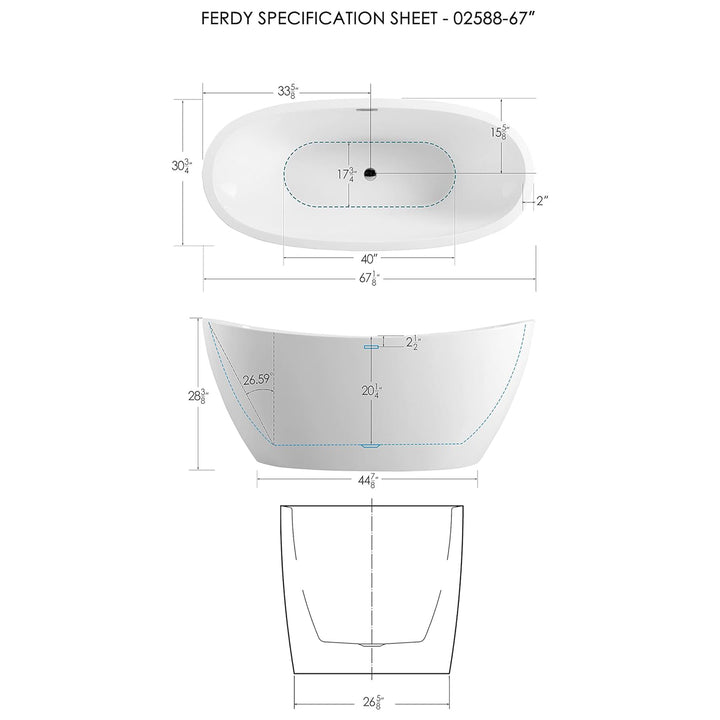FerdY Bali 67 In Glossy Acrylic Bathtub w/Polished Chrome Drain (Open Box)