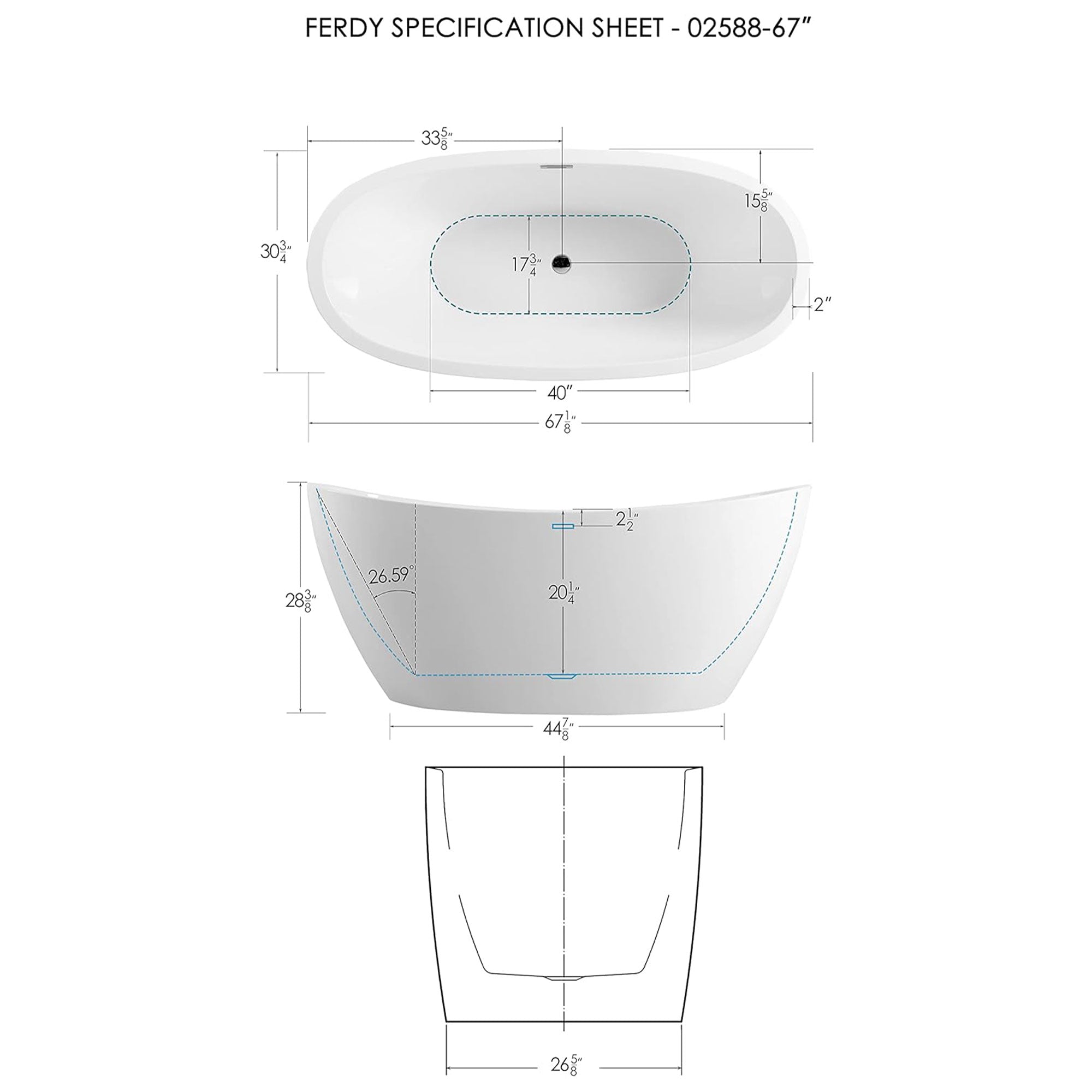 FerdY Bali 67 In Glossy Acrylic Bathtub w/Polished Chrome Drain (Open Box) - VMInnovations