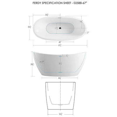 FerdY Bali 67 In Glossy Acrylic Bathtub w/Polished Chrome Drain (Open Box) - VMInnovations
