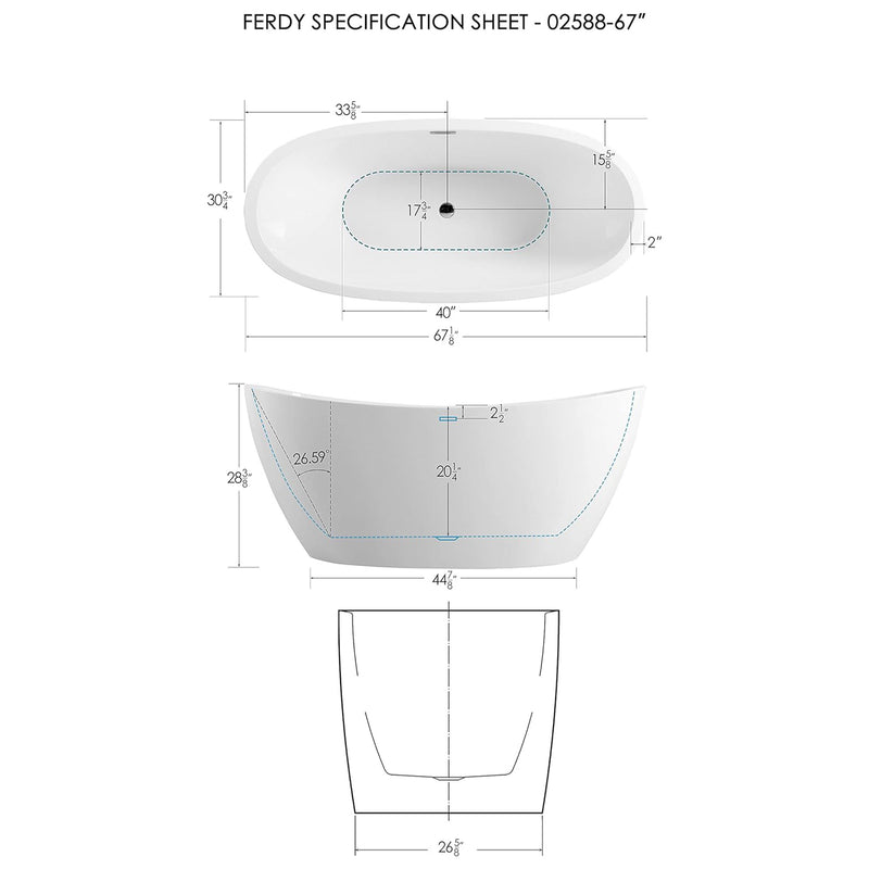 FerdY Bali 67 In Glossy Acrylic Freestanding Bathtub with Polished Chrome Drain