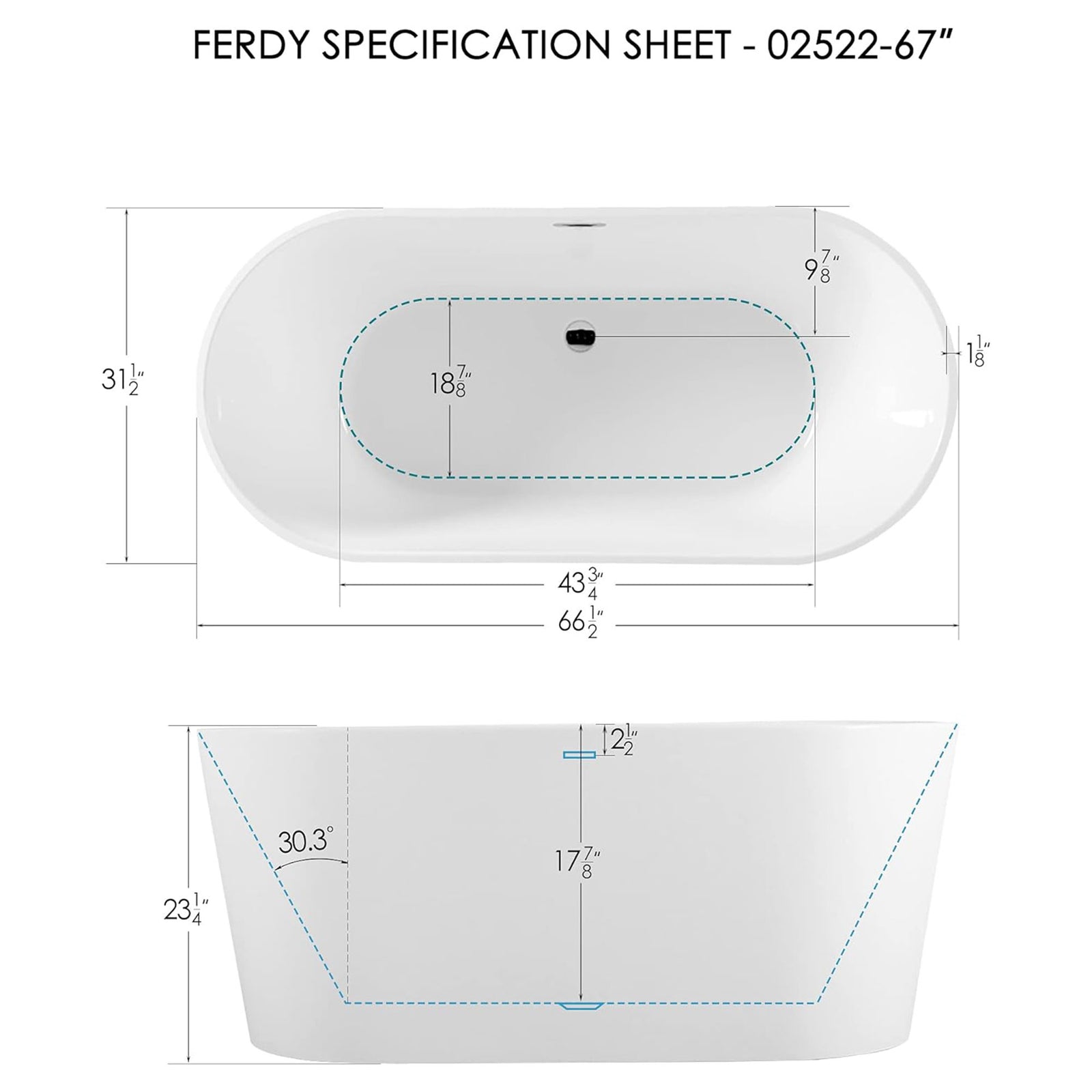 FerdY Shangri La 67 Inch Acrylic Freestanding Bathtub with Polished Chrome Drain - VMInnovations