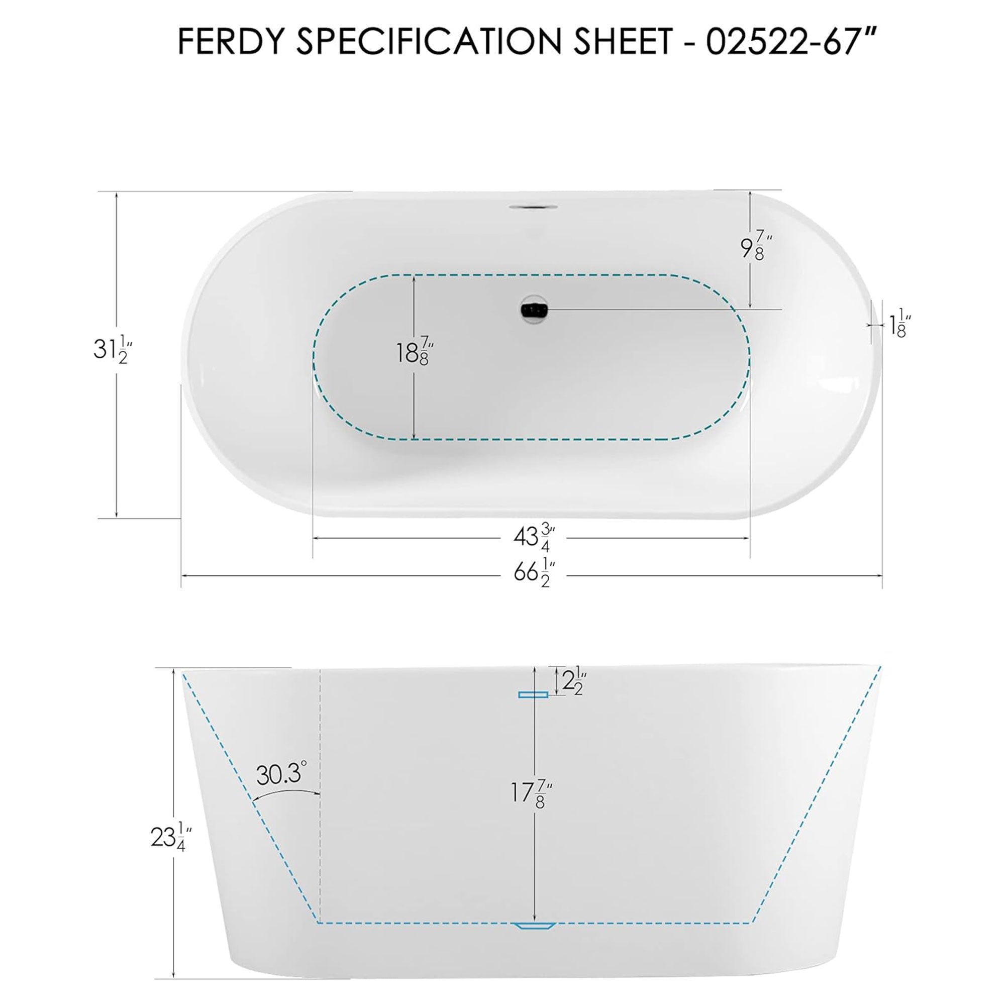 FerdY 67" Acrylic Freestanding Bathtub w/Polished Chrome Drain (Open Box) - VMInnovations