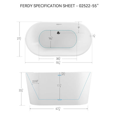 FerdY Shangri La 55 Inch Acrylic Freestanding Bathtub with Brushed Nickel Drain