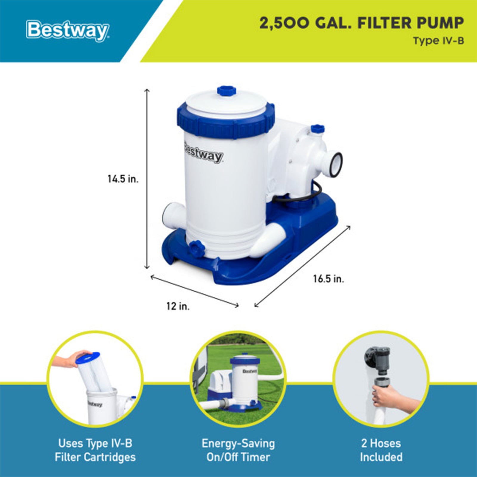 Bestway Flowclear 2,500 GPH 120V Above Ground Swimming Pool Water Filter Pump - VMInnovations