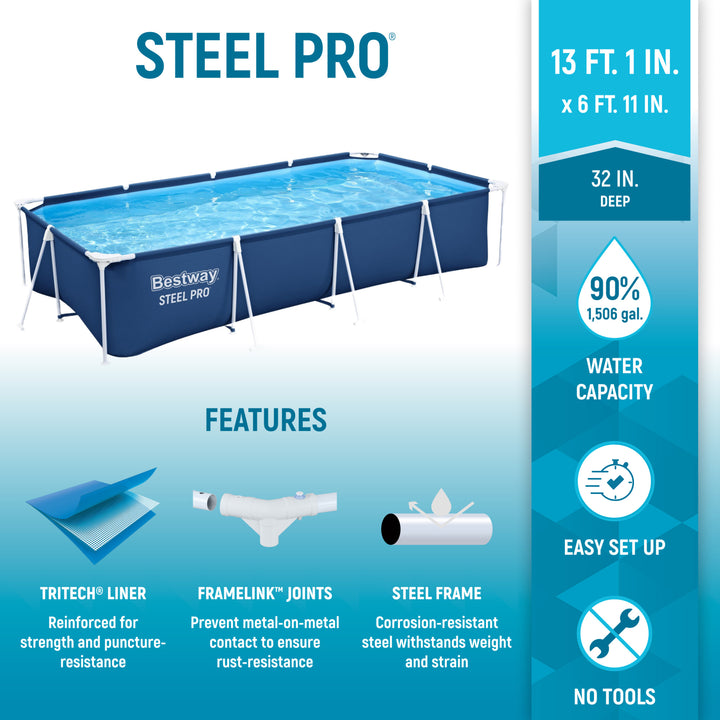 Bestway Steel Pro 13 Foot x 32 Inch Rectangular Above Ground Swimming Pool, Blue