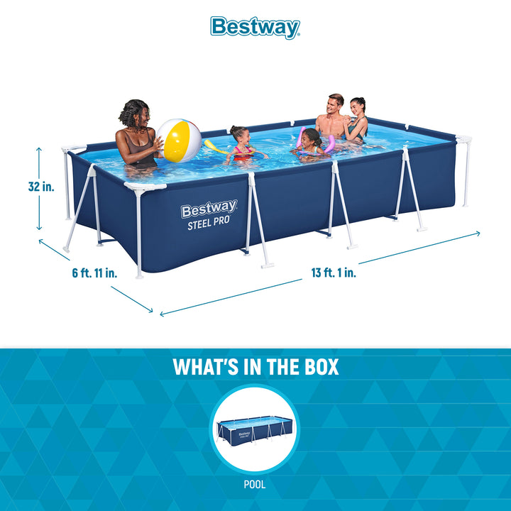 Bestway Steel Pro 13 Foot x 32 Inch Rectangular Above Ground Swimming Pool, Blue