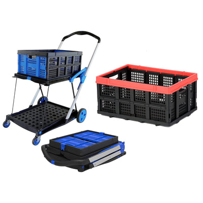Magna Cart 2 Tier Foldable Utility Cart with Collapsible Plastic Storage Crate