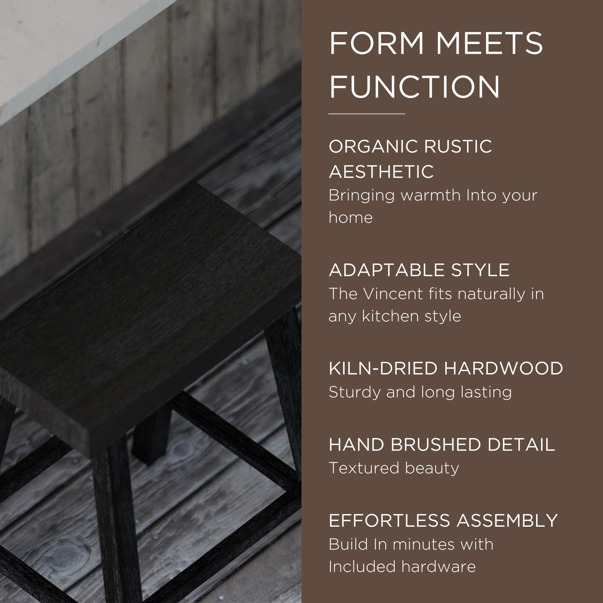 Maven Lane Wooden Rustic Aesthetic Kitchen Stool, Antiqued Black Finish (Used) - VMInnovations