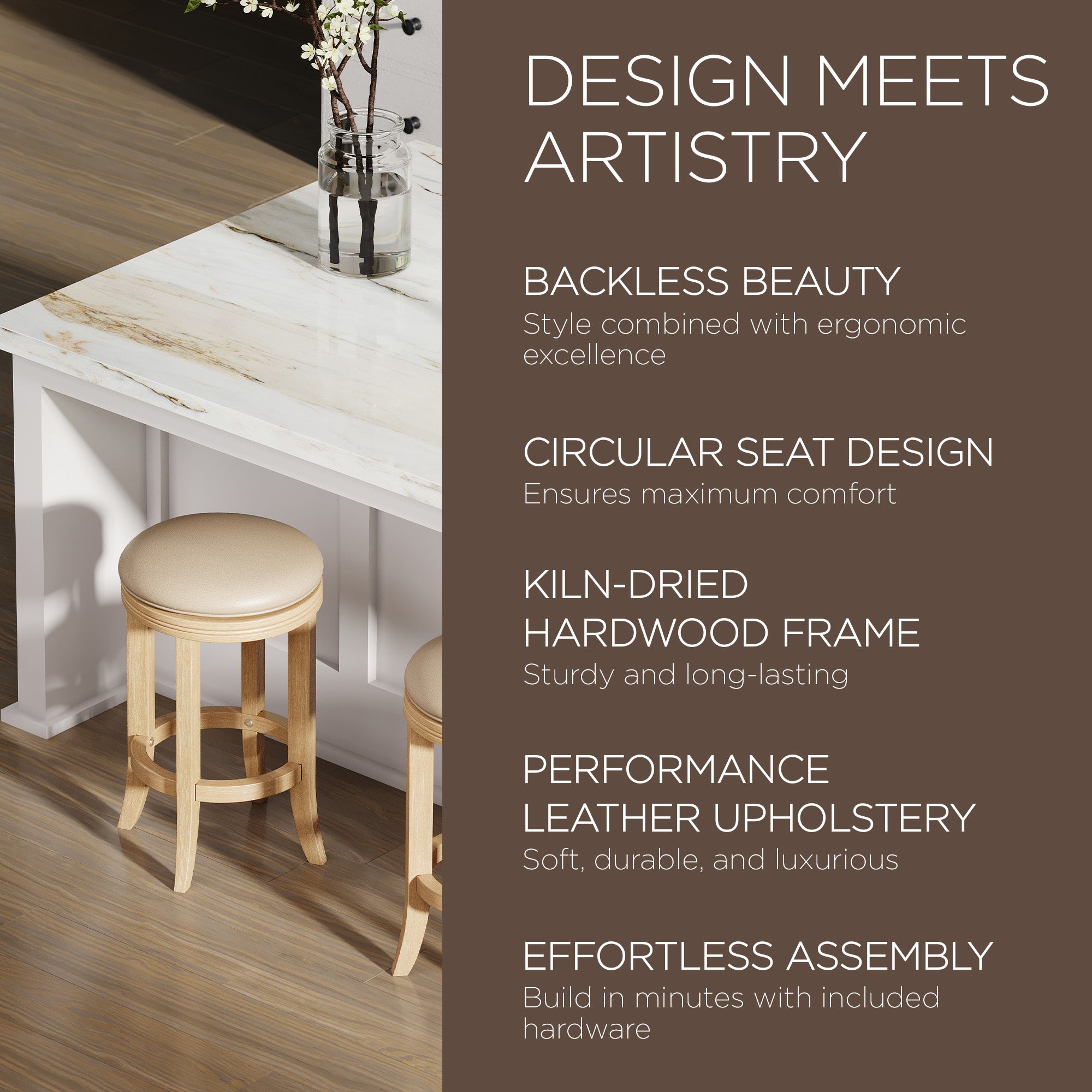Maven Lane Eva Stool, Weathered Oak Finish w/ Avanti Bone Vegan Leather (Used) - VMInnovations