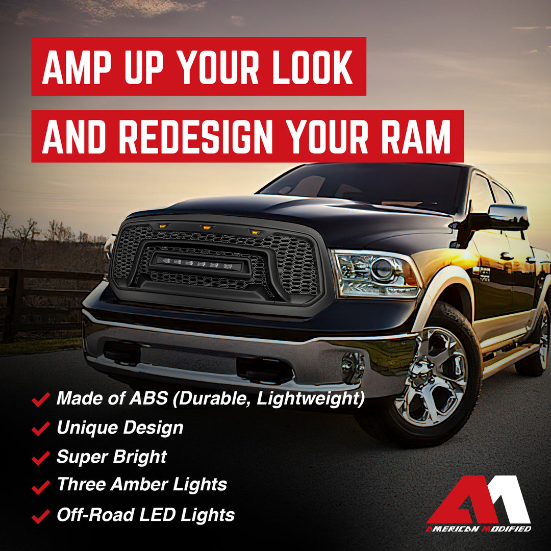 AMERICAN MODIFIED Armor Grille with Off Road Lights for 2013-2018 Dodge Ram 1500