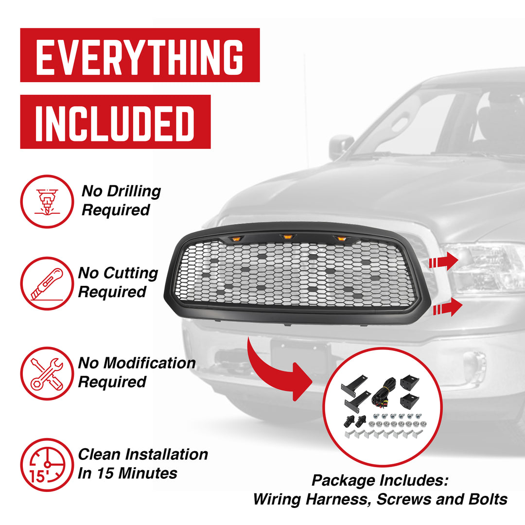 AMERICAN MODIFIED Mesh Grille w/Amber Lights for 13-18 Dodge Ram 1500 (Open Box)