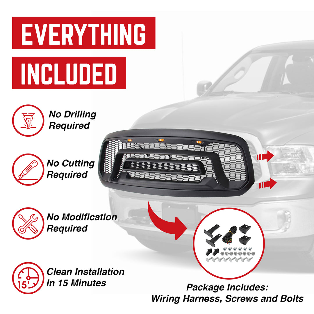 AMERICAN MODIFIED Rebel Grille with Amber Lights for 2013-2018 Dodge Ram 1500