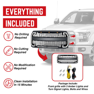 AMERICAN MODIFIED Raptor Style Mesh Grille w/Turn Lights for 2015-2017 Ford F150 - VMInnovations