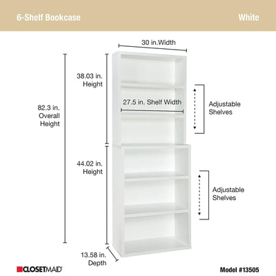 ClosetMaid 6 Tier Bookshelf with Adjustable Shelves and Closed Back Panel, White - VMInnovations
