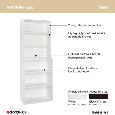 ClosetMaid 6 Tier Bookshelf with Adjustable Shelves and Closed Back Panel, White - VMInnovations