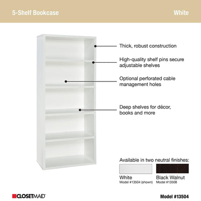 ClosetMaid 5 Tier Bookshelf w/Adjustable Shelves & Closed Back, White (Open Box)