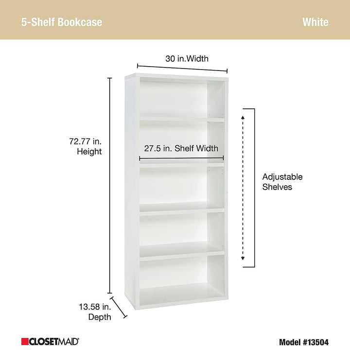 ClosetMaid 5 Tier Bookshelf w/Adjustable Shelves & Closed Back, White(For Parts)