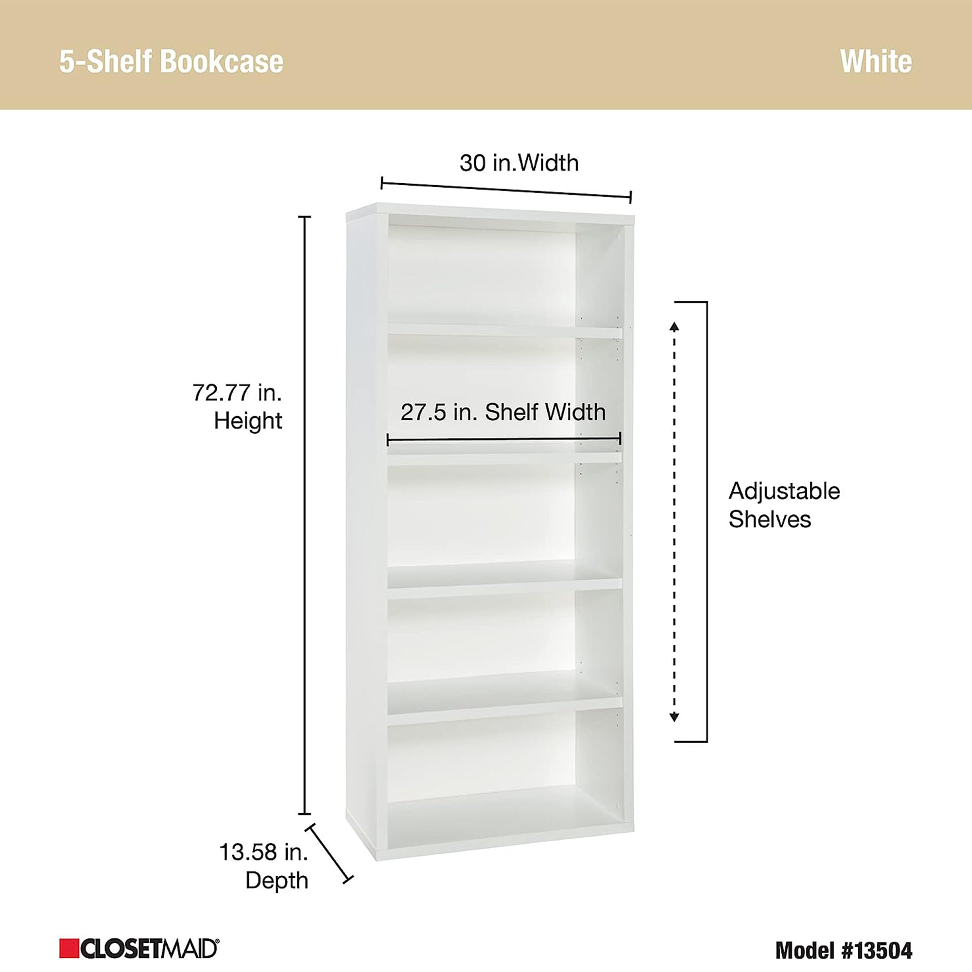 ClosetMaid 5 Tier Bookshelf with Adjustable Shelves, White (Used) - VMInnovations