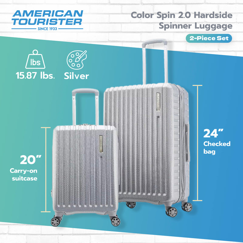 American Tourister Color Spin 2 Pcs Hardside Spinner Luggage Set, Silver (Used)