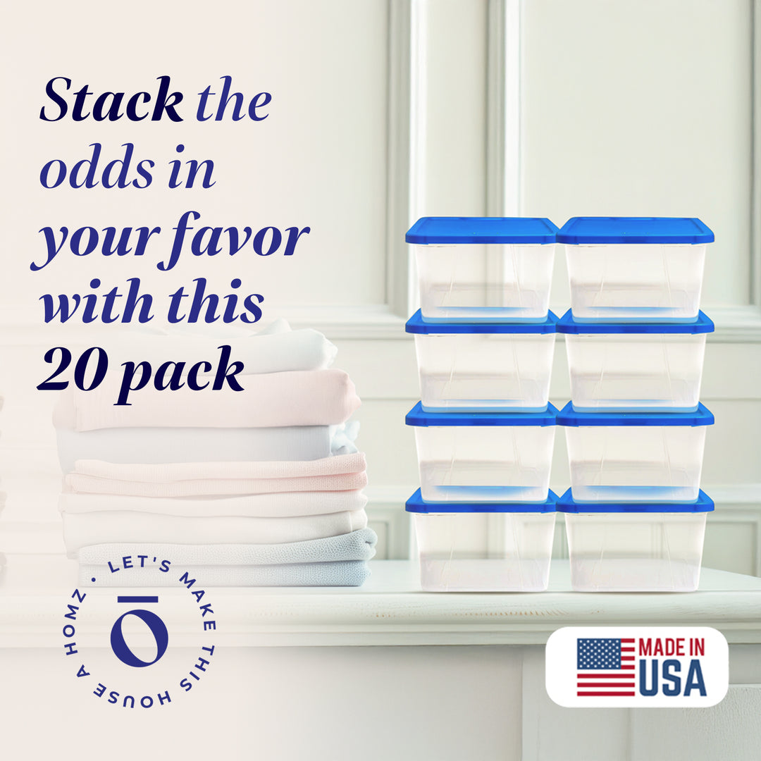 Homz Snaplock 6 Qt Stackable Plastic Storage Container w/Lid, Blue (20 Pack)
