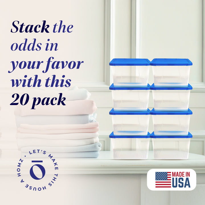 Homz Snaplock 6 Qt Stackable Plastic Storage Container w/Lid, Blue (20 Pack)
